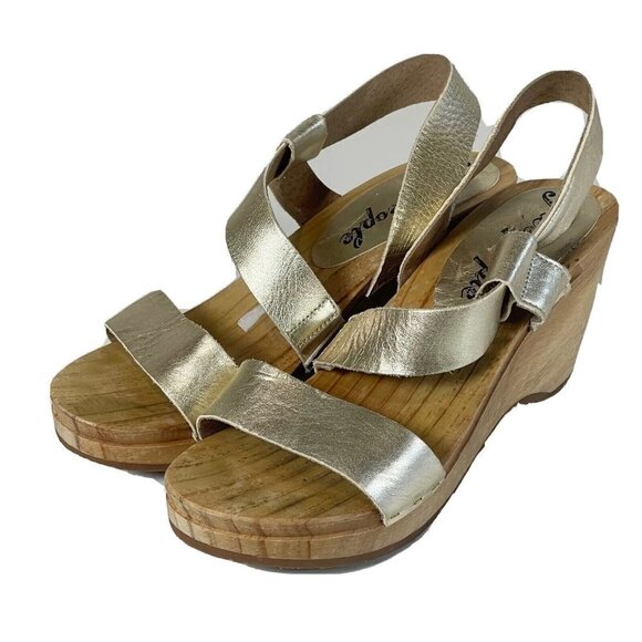 Free People Slingback Strappy Wedge Sandals Metallic Gold Size 37 Leather Heel - Picture 1 of 10